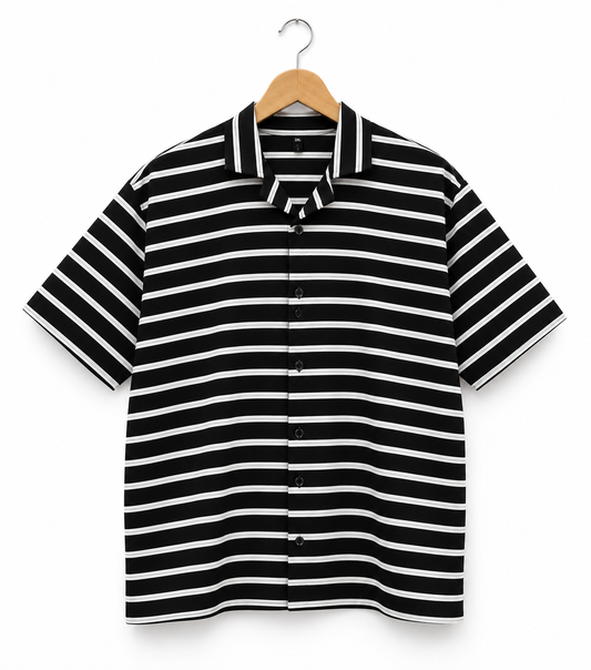 Men's Black & White Striped Collar Shirt