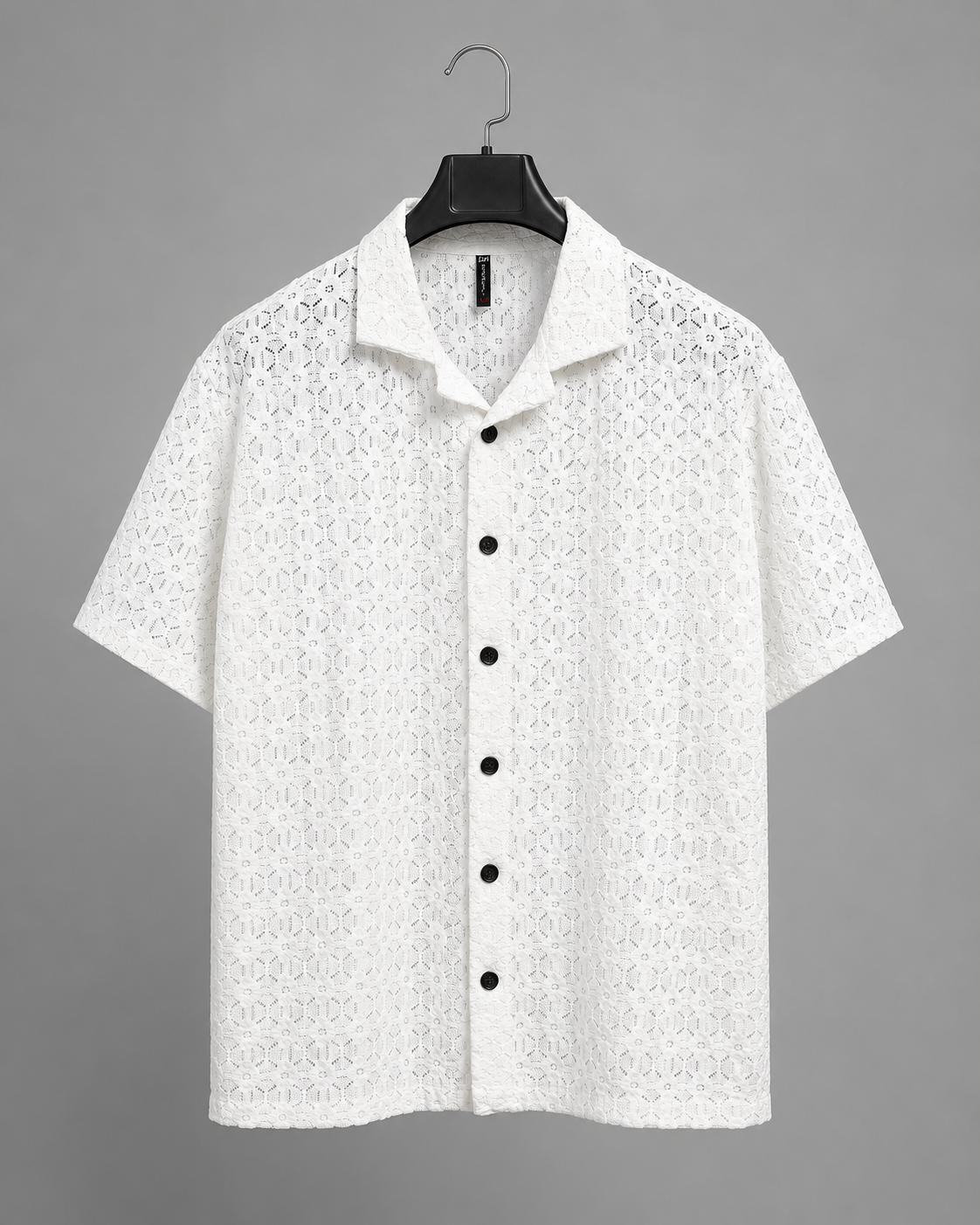 Men's White Crochet Lace Camp Collar Shirt