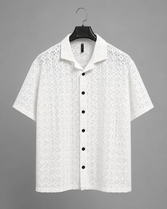 Men's White Crochet Lace Camp Collar Shirt