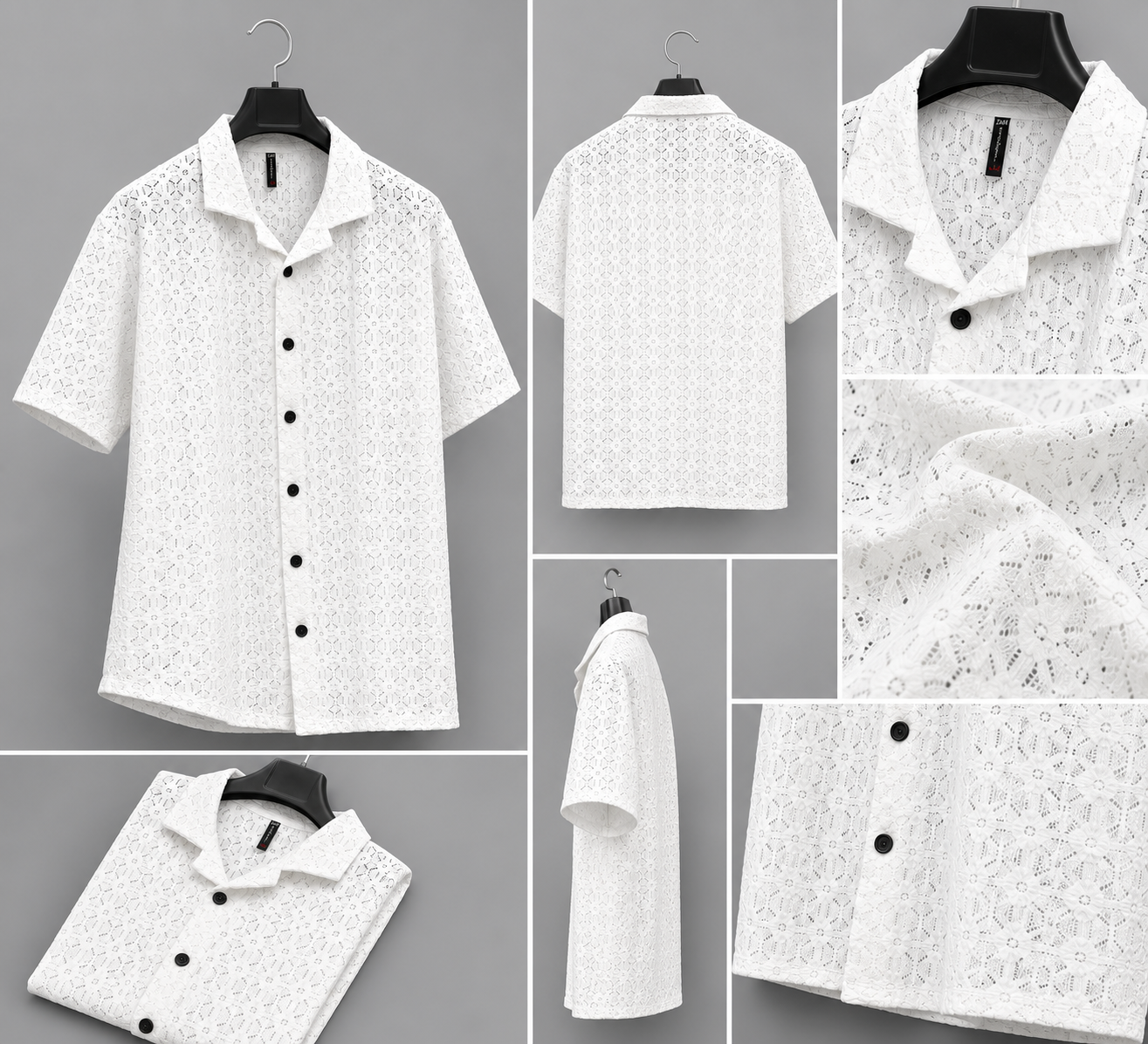 Men's White Crochet Lace Camp Collar Shirt