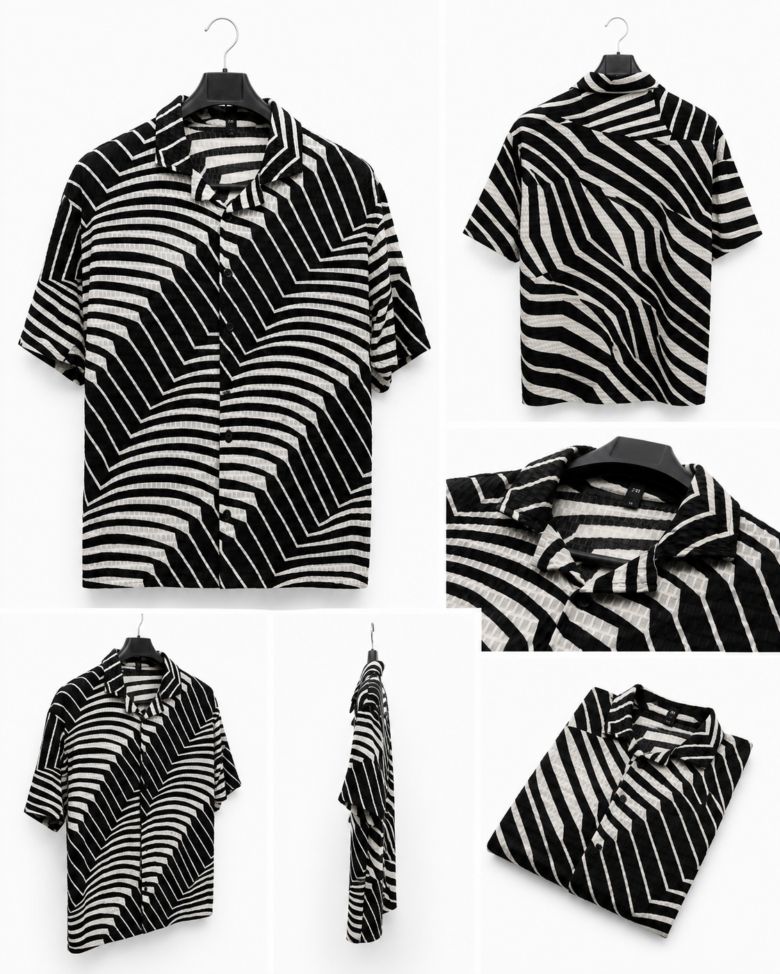 Men's Textured Geometric Wave Camp Collar Shirt