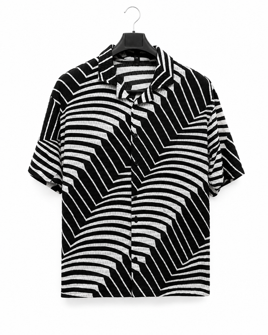 Men's Textured Geometric Wave Camp Collar Shirt